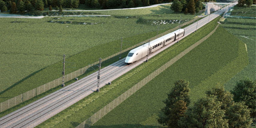 Illustration of a train going through green fields.