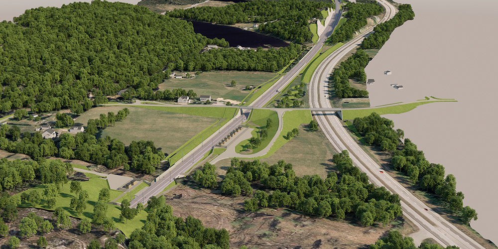 Illustration of a road and railroad through a landscape.