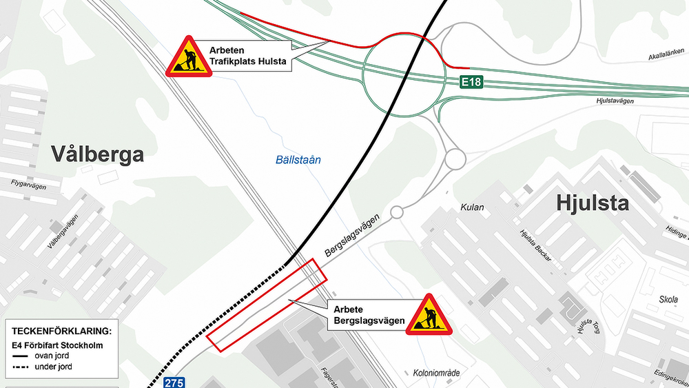 Vy över Nockebybron där arbete pågår med gång- cykelbanan.