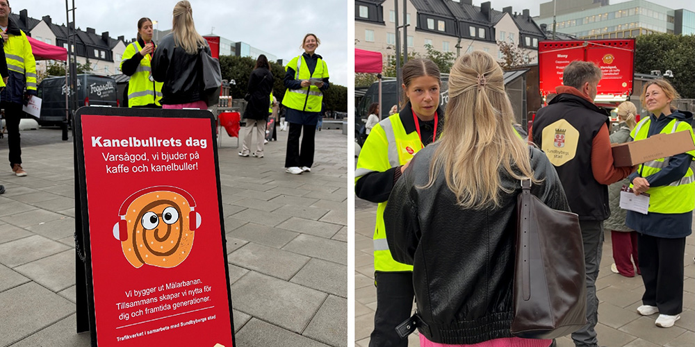 Skylt "Kanelbullrets dag", personer i varselvästar pratar med besökare.